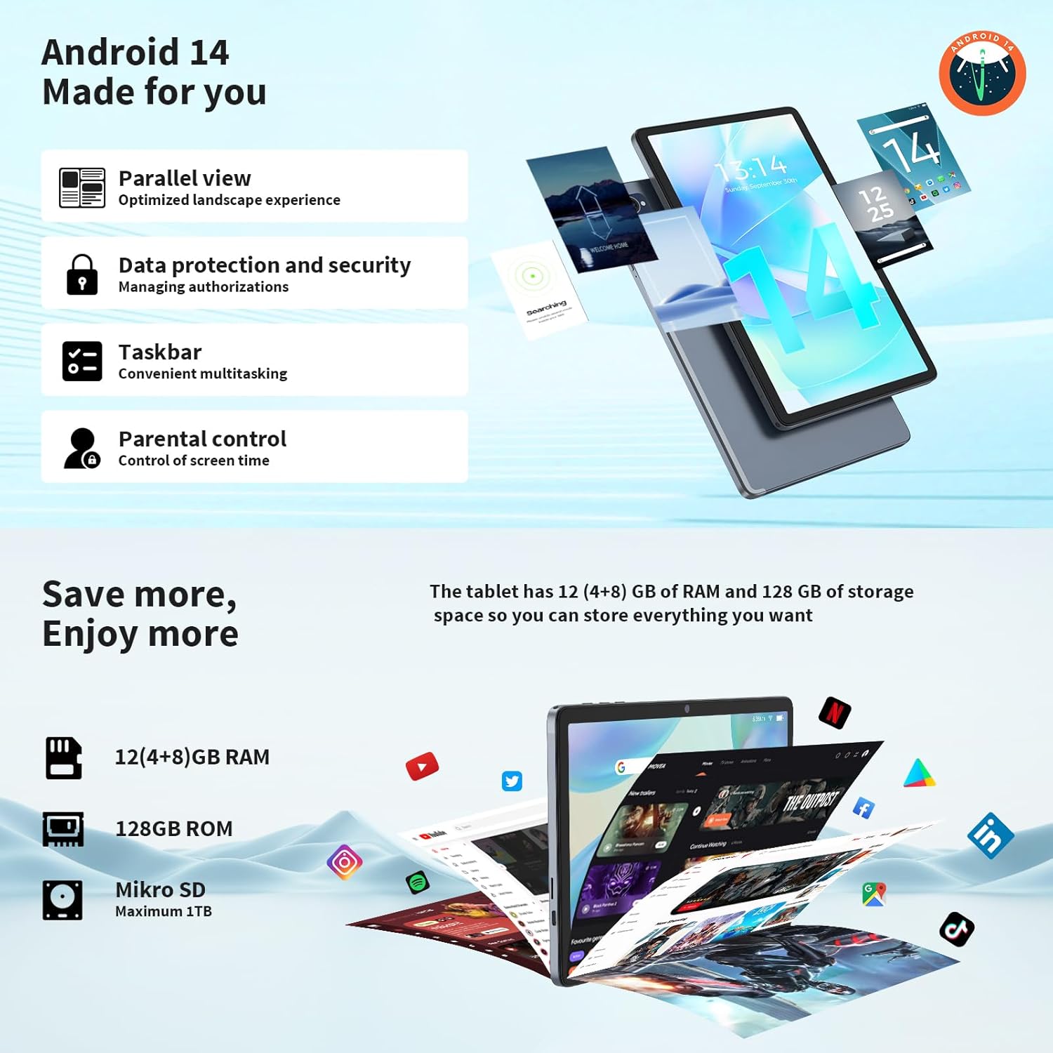 Android Tablet with Keyboard, 10 inch Android 14 Tablet, 12GB RAM+128 Storage(Expand to 1TB), Octa-Core, 2K 1920x 1200 Display, 13MP Dual Camera, 7000mAh, 5G/2.4G WiFi,GPS,Bluetooth 5.0 (Black) - Image 3