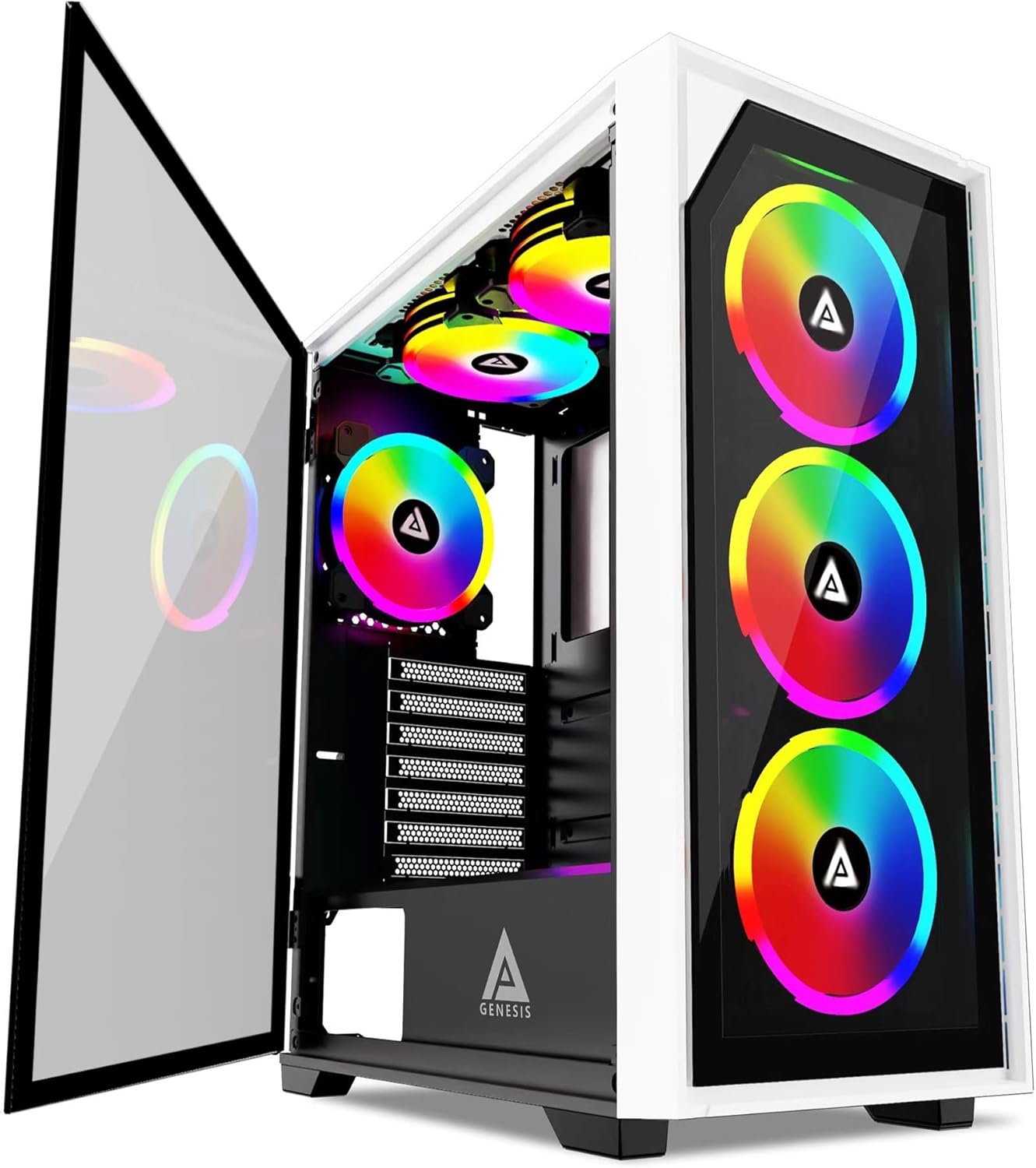 Apevia G-PRO-WH Genesis Pro Mid Tower Gaming Case with 2 x Tempered Glass Panel, Top USB3.0/USB2.0/Audio Ports, 6 x RGB Fans, White Frame
