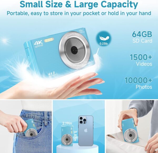 Digital Camera for Teens, FHD 4K 44MP Digital Camera Blue Autofocus with 64GB SD Card 16X Zoom, Cameras for Photography Compact Point and Shoot Camera for Teen Boy Girl Kids Camera Beginner - Image 6
