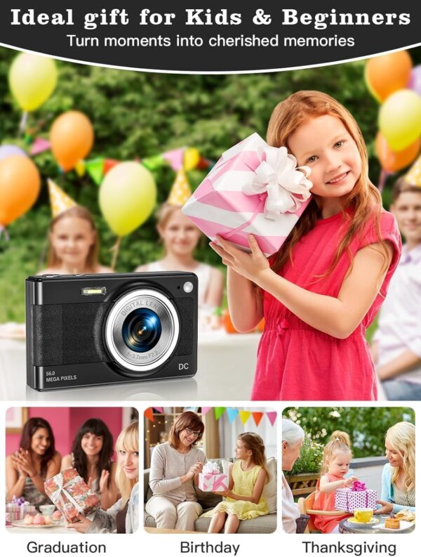 Upgrade Digital Camera, 56MP FHD 1080P Camera for Kids with 16x Zoom Anti Shake, Kid Camera with 32GB TF Card, Two Batteries, Lanyard, Compact Small Camera for Kids Boys Girls（Black） - Image 7