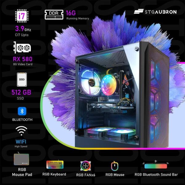 STGAubron Gaming PC Desktop Computer, Intel Core I7 up to 3.9 GHz, Radeon RX 580 8G, 16G RAM, 512G SSD, WiFi, Bluetooth 5.0, RGB Fan x6, RGB BT Sound Bar, Windows 10 Home - Image 5
