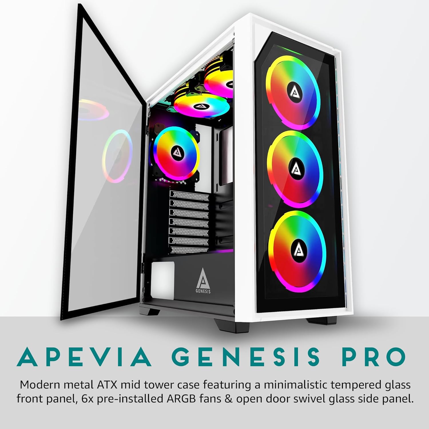Apevia G-PRO-WH Genesis Pro Mid Tower Gaming Case with 2 x Tempered Glass Panel, Top USB3.0/USB2.0/Audio Ports, 6 x RGB Fans, White Frame - Image 2