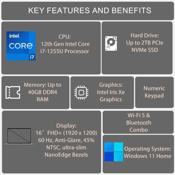 ASUS Vivobook Laptop, 16" FHD+ (1920 x 1200) Display, Intel Core i7-1255U Processor, 16GB RAM, 1TB SSD, Webcam, HDMI, Wi-Fi, Windows 11 Home, Black - Image 5