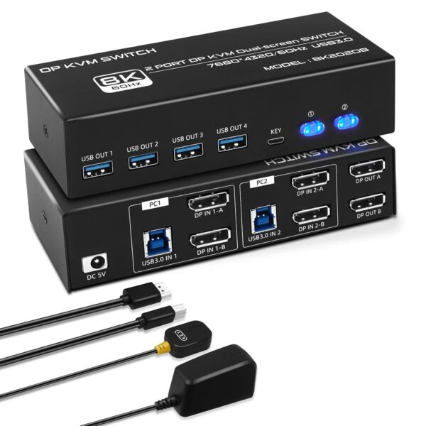 8K@60Hz KVM Switch 2 Monitors 2 Computers 4K@120Hz USB 3.0 Dual Monitor KVM for 2 PC Share 2 Monitor and 1 Set of Keyboard Mouse Printer (Dual Monitor DP DP)