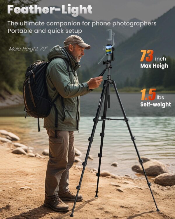 73"-Phone-Tripod-with-Horizontal-Overhead, Selfie Stick/Tall Travel Tripod Stand with Wireless Remote and iPhone Holder, Mirrorless/Compact/GoPro Camera Tripod Compatible iPhone/Smartphone - Image 2