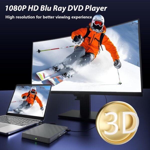 5 in 1 External Blu Ray Drive, Portable Blu Ray Player with USB 3.0 Type-C, CD DVD Burner 3D Blu Ray with SD/TF Port, Blu Ray Drive Compatible with Windows Laptop Desktop, Bluray Player for PC - Image 5