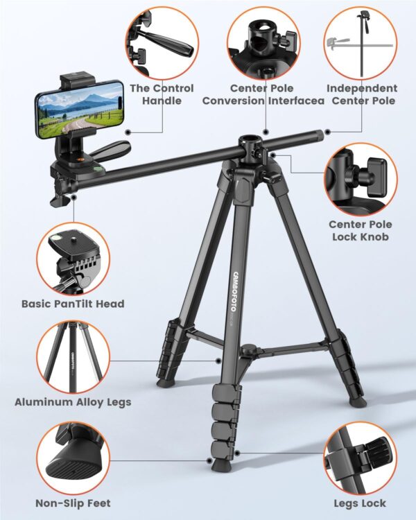 73"-Phone-Tripod-with-Horizontal-Overhead, Selfie Stick/Tall Travel Tripod Stand with Wireless Remote and iPhone Holder, Mirrorless/Compact/GoPro Camera Tripod Compatible iPhone/Smartphone - Image 6