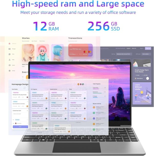 jumper Laptop, 12GB LPDDR4 256GB SSD, Laptop Computer with FHD 1920x1080 Display, Quad Core Celeron CPU, 35.52WH Battery, 2.4G+5G WiFi, BT4.0, 2 Speakers，Portable Laptops 14 Inch. - Image 3
