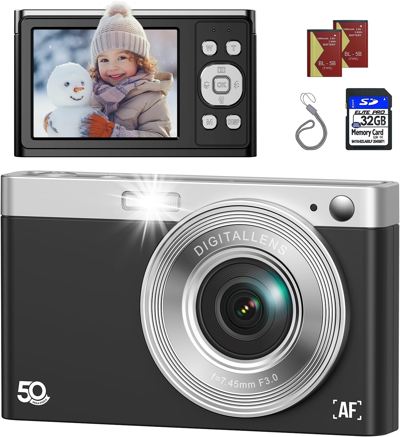 Digital Camera, FHD 1080P Kids Camera Autofocus 50MP Point and Shoot Digital Cameras with 32GB SD Card, 16X Zoom Anti Shake, Two Batteries, Lanyard, Compact Small Camera for Kids Boys Girls Black