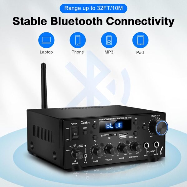 Amplifier Home Audio, HiFi Mini Amp Home Theater with 2-Channel, Bluetooth 5.0, Max 400Wx2 RMS 60Wx2 Car Speaker Receiver with Echo/MIC/USB/SD/AUX/FM for Home, Car, Karaoke - Image 5