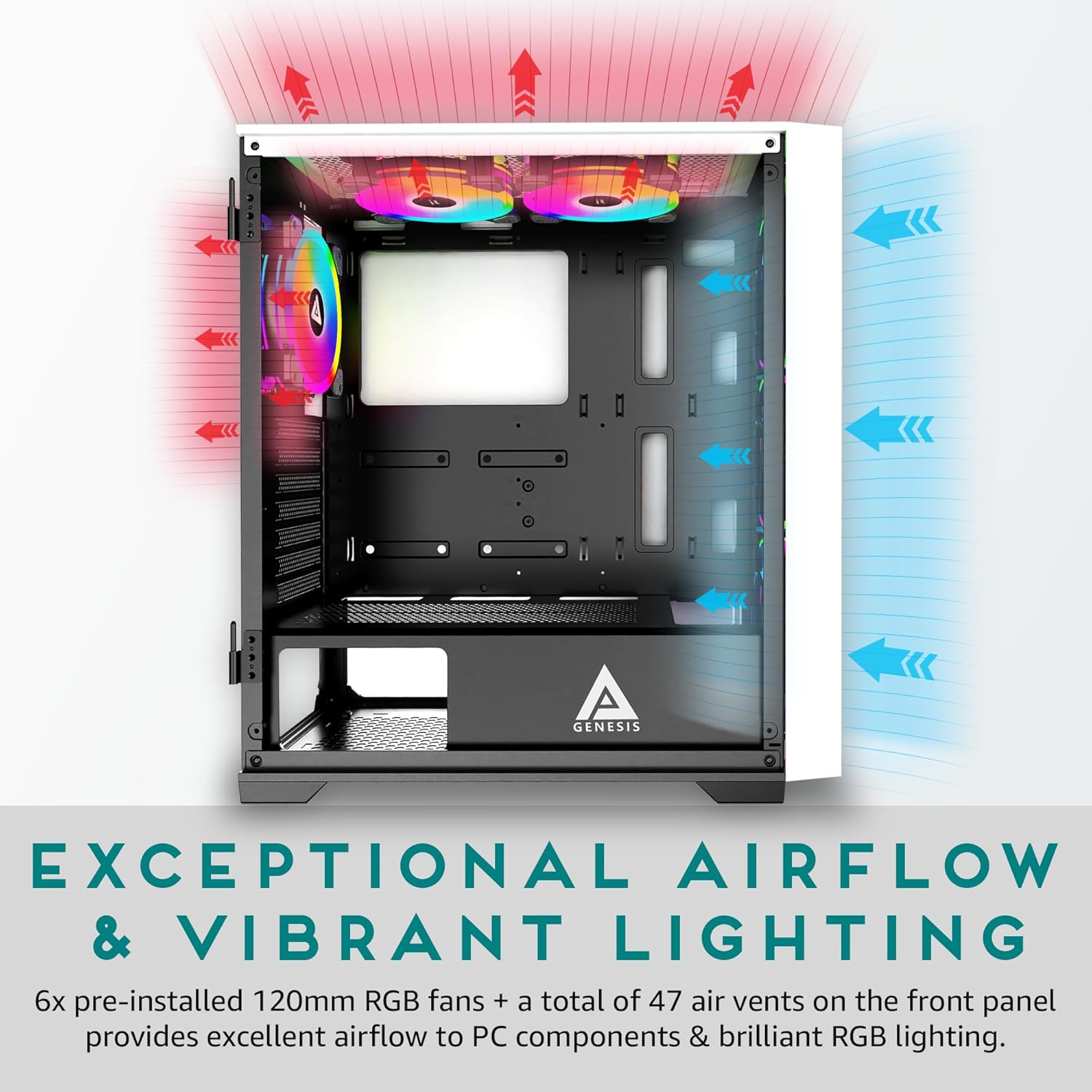 Apevia G-PRO-WH Genesis Pro Mid Tower Gaming Case with 2 x Tempered Glass Panel, Top USB3.0/USB2.0/Audio Ports, 6 x RGB Fans, White Frame - Image 4