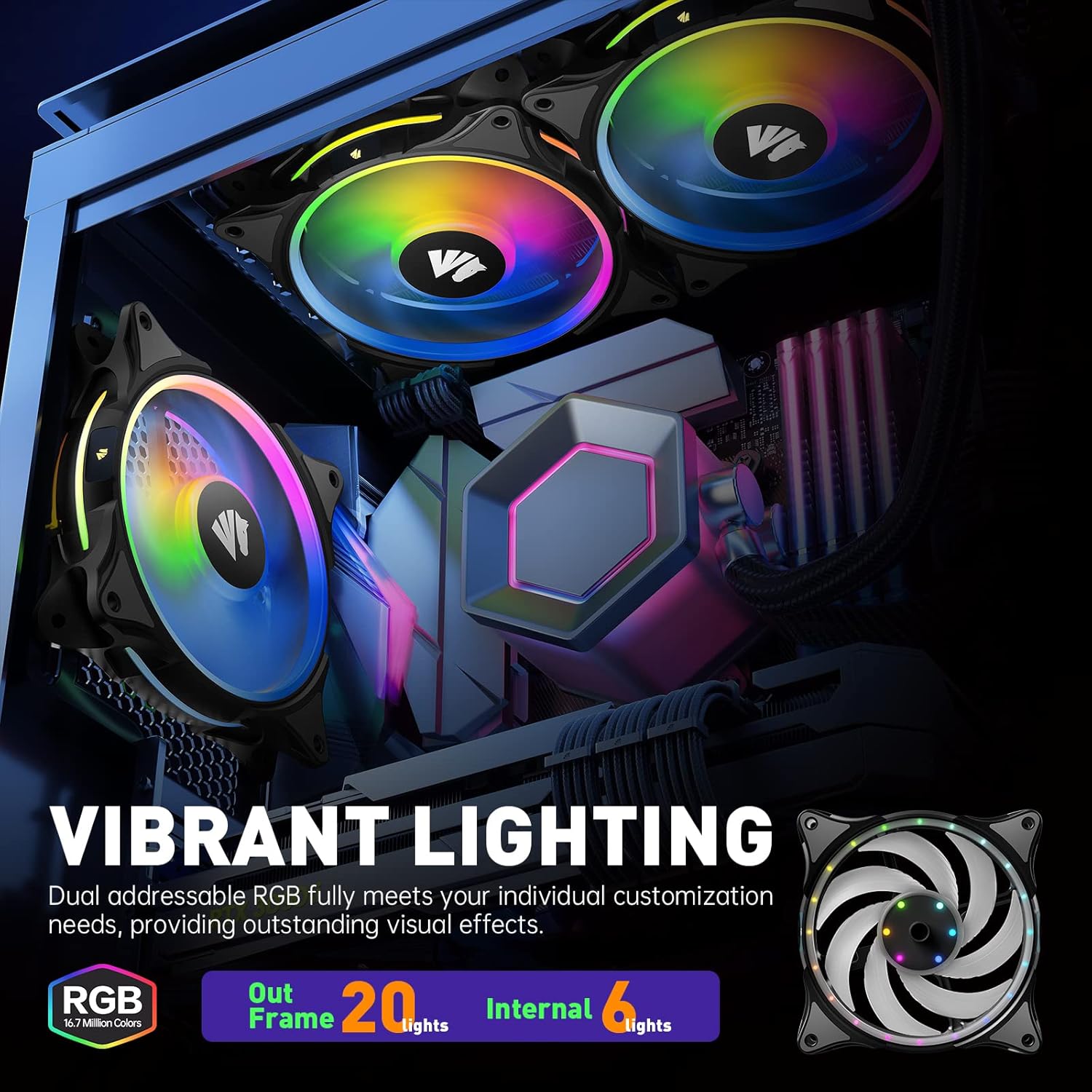 AsiaHorse FS-9002 Pro 120mm RGB Case Fan, 26 LED ARGB and Double LED Lingting Loops, 800-1800rpm Pwm Case Fan with Motherboard Sync/Analog Controller(6 Pack, Black) - Image 2