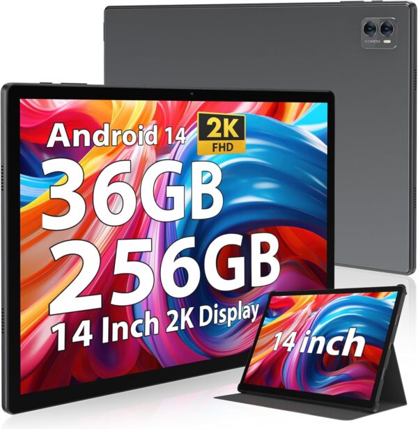 Tablet 14 inch Ultra Big Android 14 Tablets, 256GB Storage(Expand to 1TB),36GB(12+24) RAM, 11580 mAh Battery 18W PD Fast Charger, 8 Core 2.0gHz CPU,4 Speakers, 5G WiFi with Case-Gray