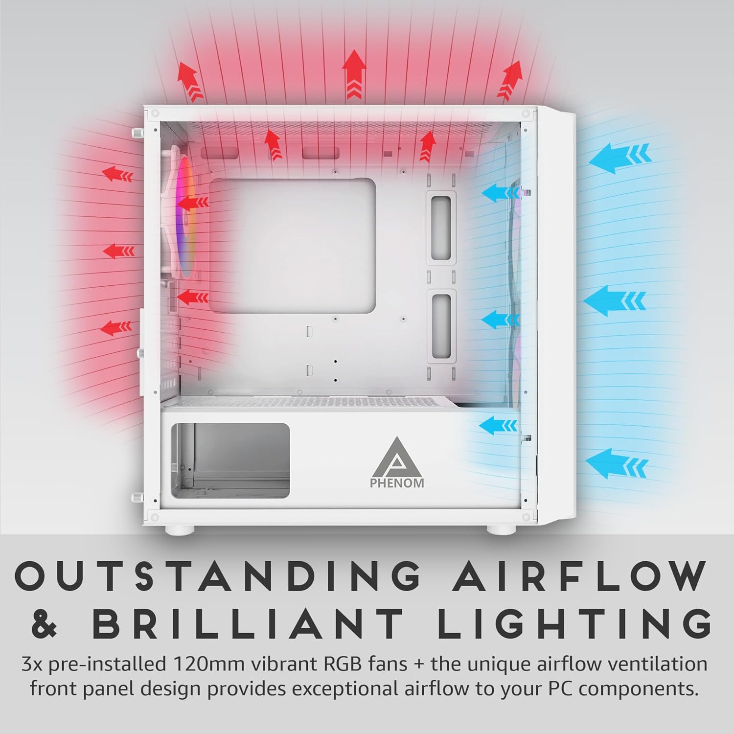 Apevia PHENOM-WH Phenom Micro ATX Gaming PC Case w/ 3x 120mm ARGB Fans, 366 RGB Light Modes, 2x Tempered Glass Panels, Front Panel Airflow Vents, Magnetic Dust Filters, 2x USB3.0, HD Audio Port, White - Image 4