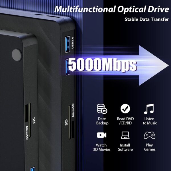 5 in 1 External Blu Ray Drive, Portable Blu Ray Player with USB 3.0 Type-C, CD DVD Burner 3D Blu Ray with SD/TF Port, Blu Ray Drive Compatible with Windows Laptop Desktop, Bluray Player for PC - Image 4