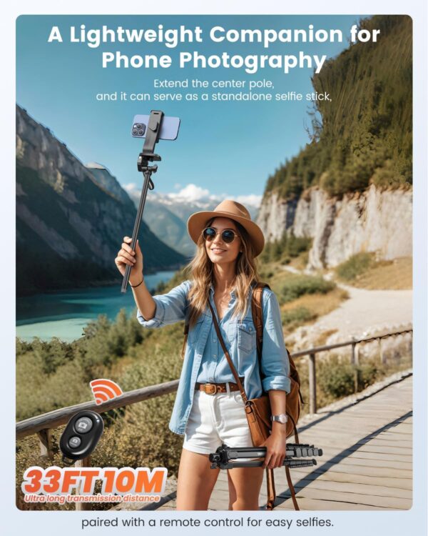 73"-Phone-Tripod-with-Horizontal-Overhead, Selfie Stick/Tall Travel Tripod Stand with Wireless Remote and iPhone Holder, Mirrorless/Compact/GoPro Camera Tripod Compatible iPhone/Smartphone - Image 5