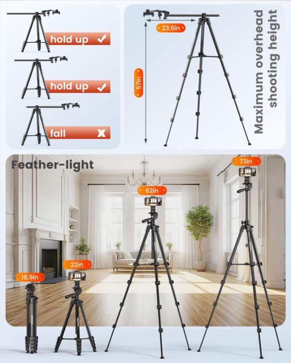 73"-Phone-Tripod-with-Horizontal-Overhead, Selfie Stick/Tall Travel Tripod Stand with Wireless Remote and iPhone Holder, Mirrorless/Compact/GoPro Camera Tripod Compatible iPhone/Smartphone - Image 3