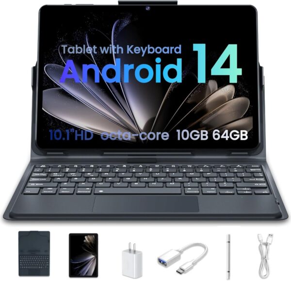 Tablet, Android 14 Tablets 64GB+10(4+6 Expand)GB 512GB Expandable, Octa-Core Tablet with WiFi, 8000mAh Battery, 10.1 inch Tablet with 800MP Camera, Tablet with Keyboard Case, Stylus, Bluetooth (Black)