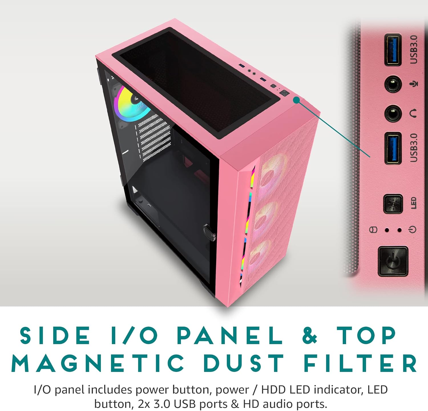 Apevia Destiny-MESH-PK Destiny Mesh Mid Tower Gaming PC Case w/ 4X 120mm ARGB Fans, 366 RGB Light Modes, 1x Metal Mesh Front Panel, 1x Door Swivel Style Magnetic Glass Side Panel, 2X USB3.0, Pink - Image 5