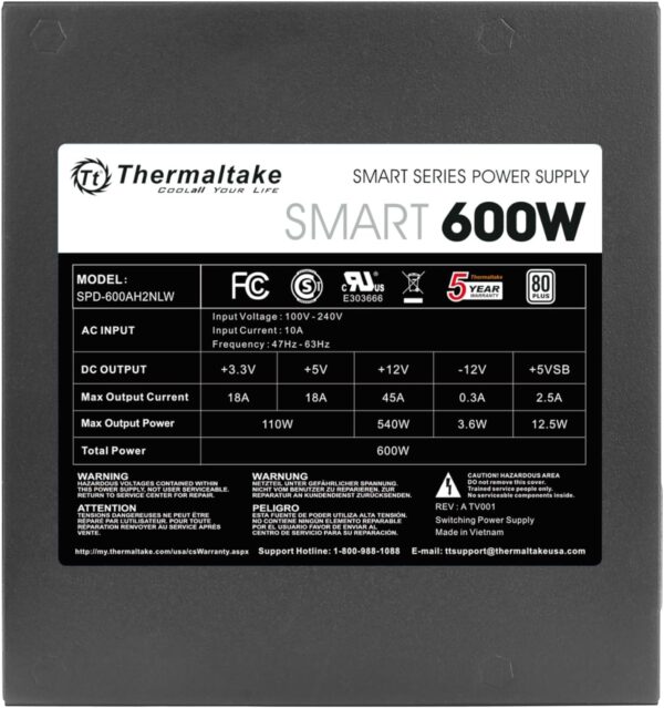 Thermaltake SMART 600W ATX 12V V2.3/EPS 12V 80 Plus Certified Active PFC Power Supply PS-SPD-0600NPCWUS-W - Image 4