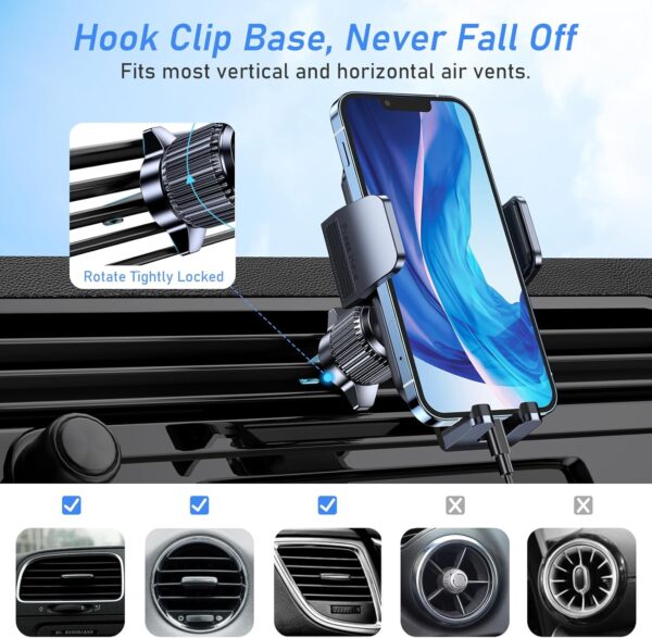 Car Phone Holder Mount, Super Stable Air Vent Cell Phone Car Mount with 2025 Metal Hook Clip, 360° Rotation,One Button Release for iPhone, Samsung, Google, and All Other Smartphones - Image 6