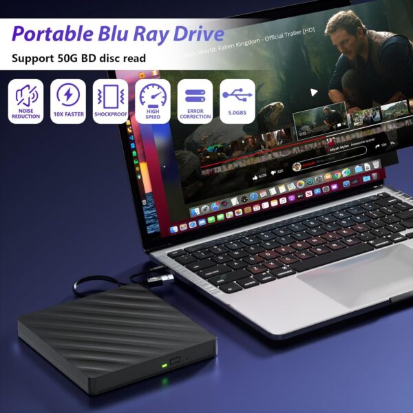 5 in 1 External Blu Ray Drive, Portable Blu Ray Player with USB 3.0 Type-C, CD DVD Burner 3D Blu Ray with SD/TF Port, Blu Ray Drive Compatible with Windows Laptop Desktop, Bluray Player for PC - Image 3