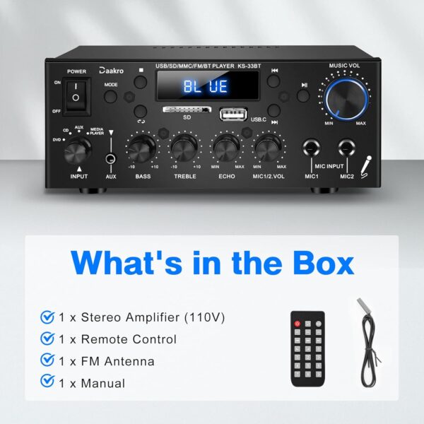 Amplifier Home Audio, HiFi Mini Amp Home Theater with 2-Channel, Bluetooth 5.0, Max 400Wx2 RMS 60Wx2 Car Speaker Receiver with Echo/MIC/USB/SD/AUX/FM for Home, Car, Karaoke - Image 8