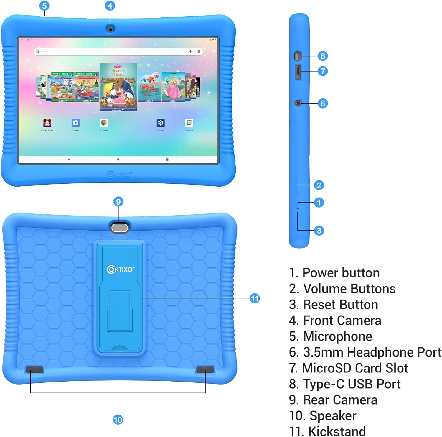 Contixo 10" Android Kids Tablet 32GB, Includes 80+ Disney Storybooks & Stickers, Parental Controls, Kid-Proof Case with Kickstand & Stylus, (2024 Model) - Blue - Image 8