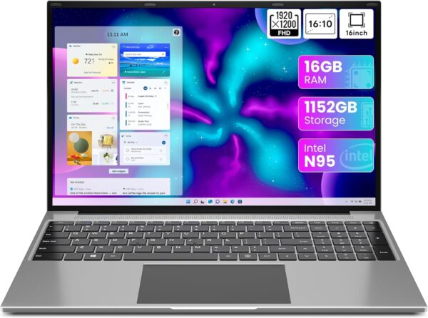 jumper Laptops with 16GB RAM 1152GB Storage, Quad Core N95 CPU, 16 Inch Laptop Computer with FHD IPS 1920x1200 Display, 38WH Battery, 2.4G+5G, 2 Speakers.