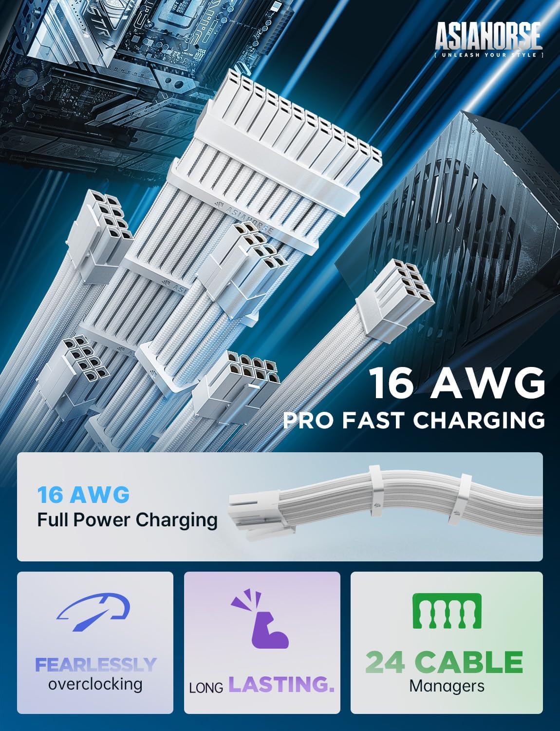 AsiaHorse Power Supply Sleeved Cable, 16 AWG PSU Extension Cable Kit of White Connector, 1x24Pin/2x4+4 EPS/3x6+2 PCI-E, 30cm Length with Combs-White - Image 2