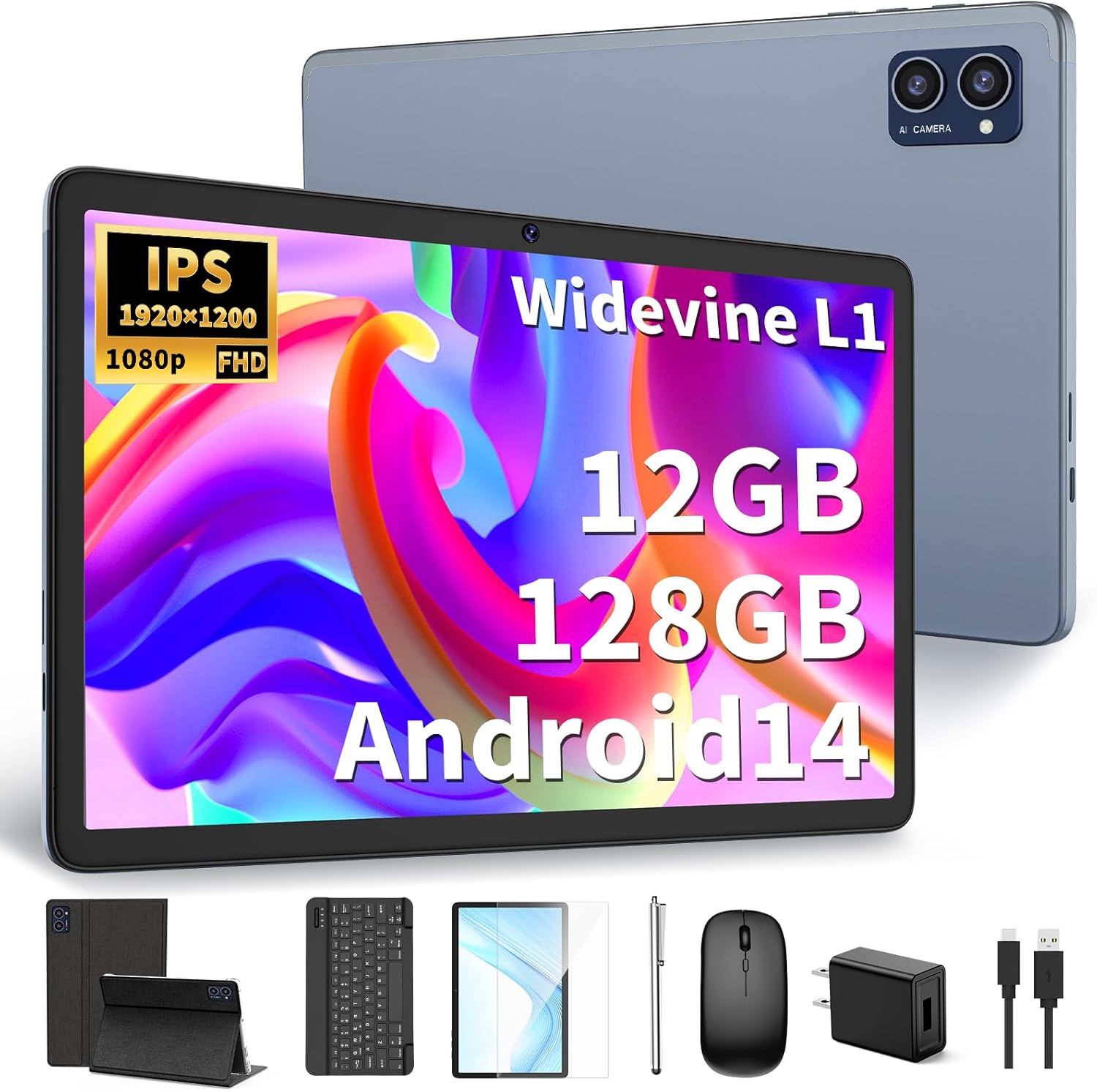 Android Tablet with Keyboard, 10 inch Android 14 Tablet, 12GB RAM+128 Storage(Expand to 1TB), Octa-Core, 2K 1920x 1200 Display, 13MP Dual Camera, 7000mAh, 5G/2.4G WiFi,GPS,Bluetooth 5.0 (Black)