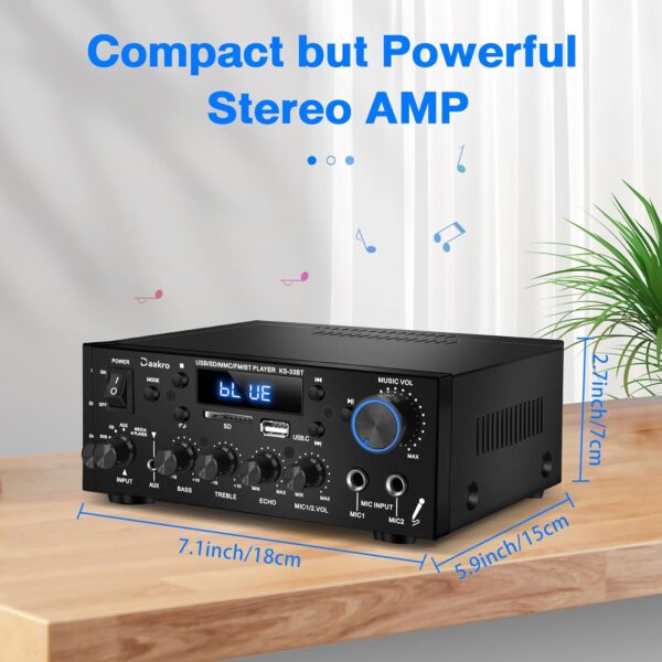 Amplifier Home Audio, HiFi Mini Amp Home Theater with 2-Channel, Bluetooth 5.0, Max 400Wx2 RMS 60Wx2 Car Speaker Receiver with Echo/MIC/USB/SD/AUX/FM for Home, Car, Karaoke - Image 6
