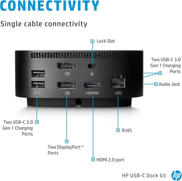 HP USB-C Dock G5-11 in 1 Adapter for Both USB-C and Thunderbolt-Enabled Laptops, PCs, & Notebooks - Single Cable for Charging, Networking, or Data Transfers - Great for Secure & Remote Management - Image 3