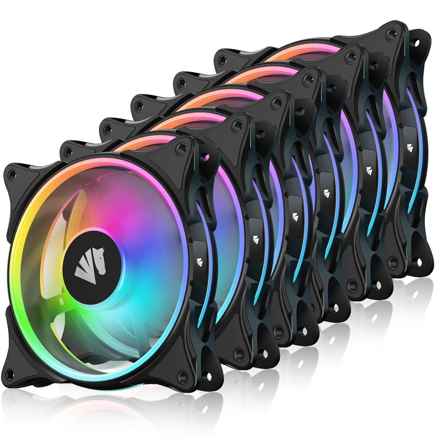 AsiaHorse FS-9002 Pro 120mm RGB Case Fan, 26 LED ARGB and Double LED Lingting Loops, 800-1800rpm Pwm Case Fan with Motherboard Sync/Analog Controller(6 Pack, Black)