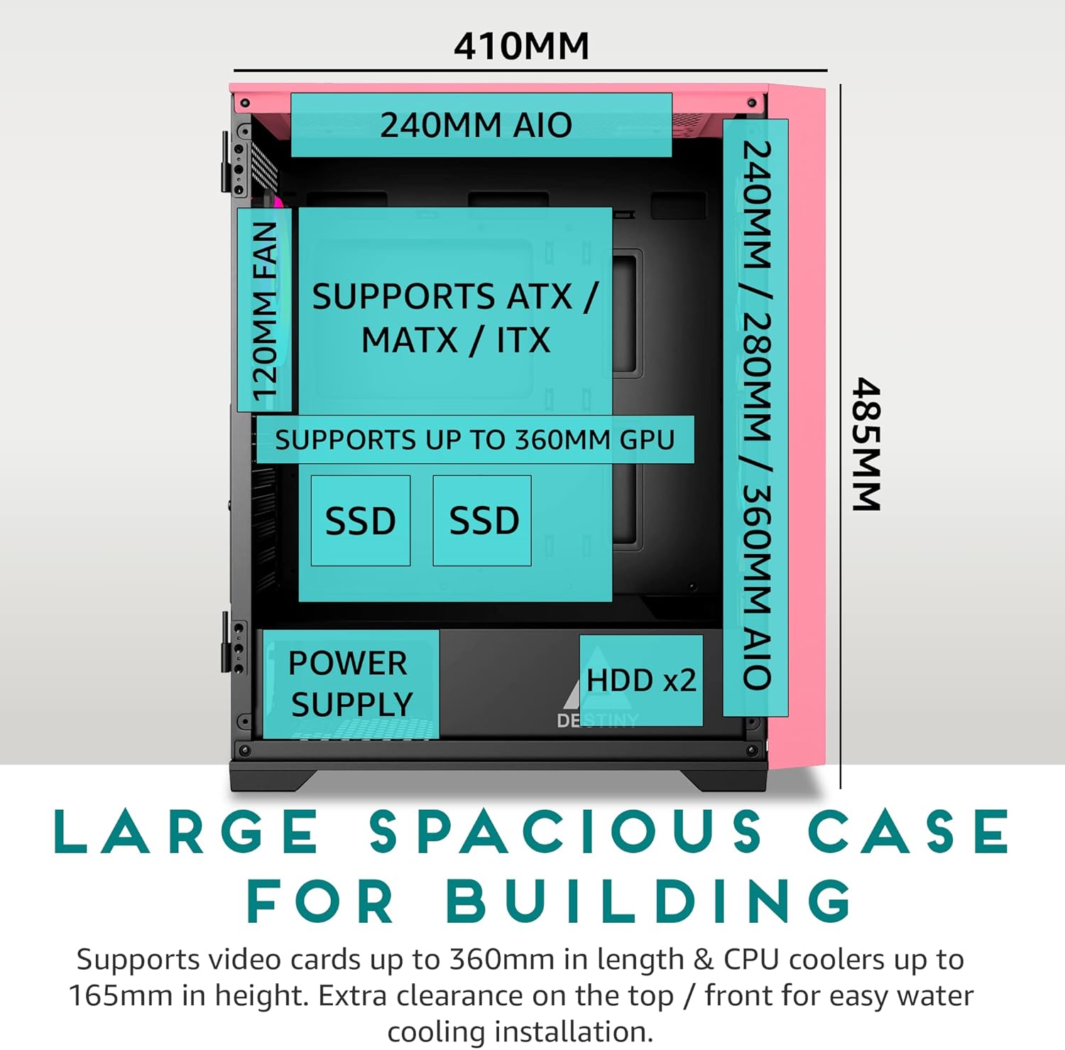Apevia Destiny-MESH-PK Destiny Mesh Mid Tower Gaming PC Case w/ 4X 120mm ARGB Fans, 366 RGB Light Modes, 1x Metal Mesh Front Panel, 1x Door Swivel Style Magnetic Glass Side Panel, 2X USB3.0, Pink - Image 6