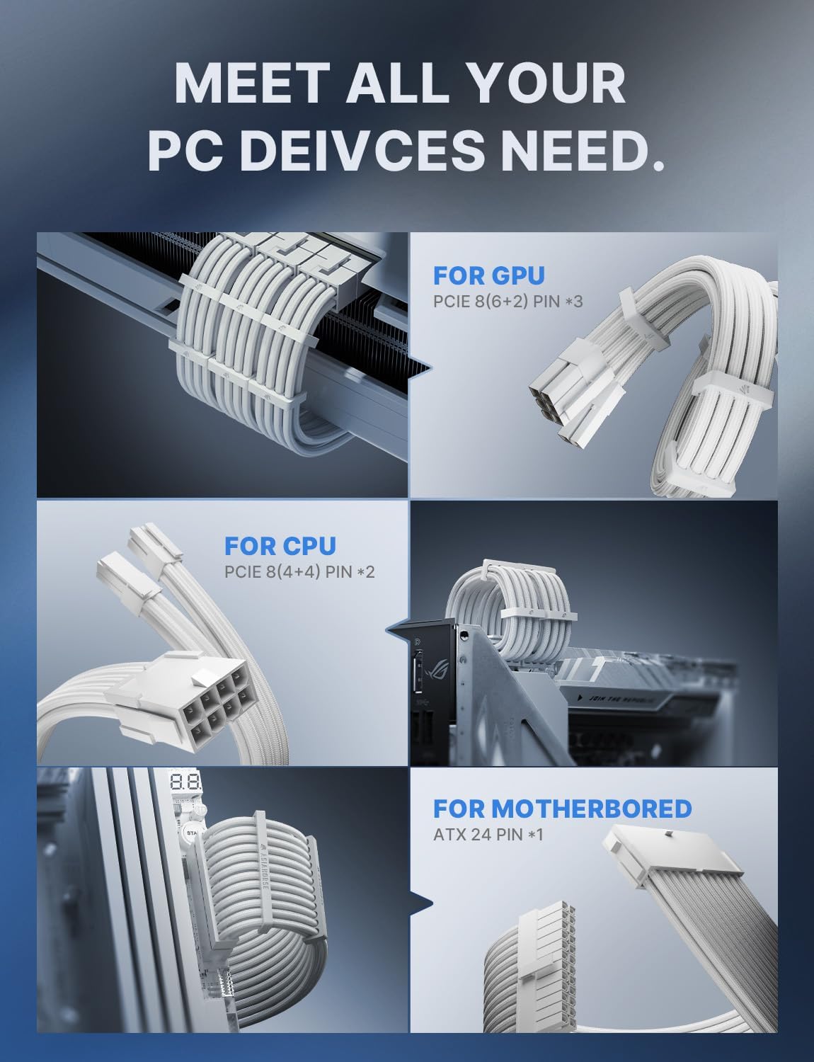 AsiaHorse Power Supply Sleeved Cable, 16 AWG PSU Extension Cable Kit of White Connector, 1x24Pin/2x4+4 EPS/3x6+2 PCI-E, 30cm Length with Combs-White - Image 6