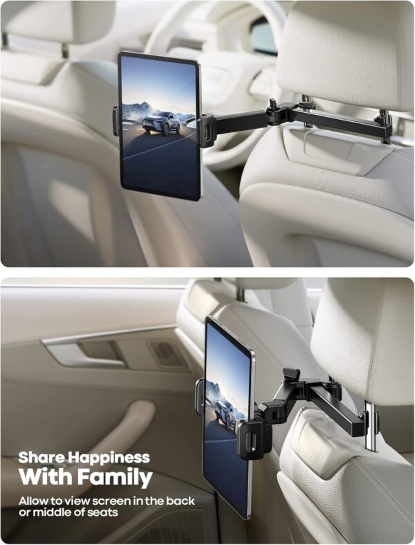 Lamicall Car Headrest Tablet Holder - [3 in 1 Extension Arm] Adjustable Tablet Car Mount for Back Seat, Road Trip Essentials for Kids, for 4.7-11" Tablet Like iPad Pro, Air, Mini, Galaxy, Fire, Black - Image 3