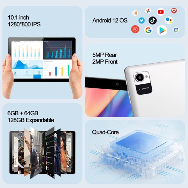 Tablet, 10.1" Android Tablet with Quad-Core Processor, 6GB RAM 64GB ROM, 1280 * 800 HD IPS Touchscreen, 6000 mAh Battery Last up to 8 Hours, WiFi 6, BT 5.2, Dual Camera - Image 3
