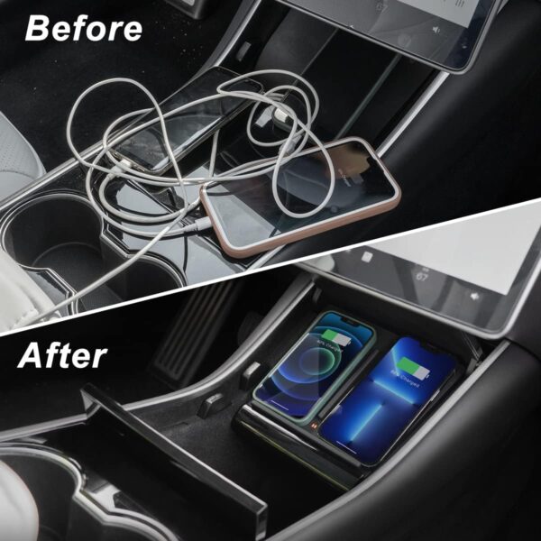 TAPTES Wireless Charger for Tesla Model 3 2017 2018 2019 2020, Dual Phone Charging Pad for Tesla Model 3 Accessories, Car Center Console Interior, Compatible with iPhone & Smartphones, Black - Image 3