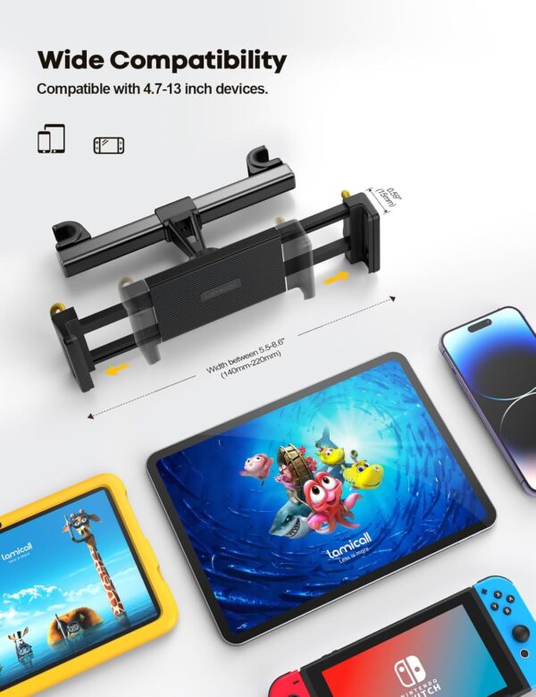 Lamicall Car Tablet Headrest Holder - Car Back Seat Headrest Tablet Mount Stand for Kids, Road Trip Essentials, Compatible with 2024 iPad Pro 11/13", Air Mini, Galaxy Tab, 4.7-13" Tablet, Black - Image 5