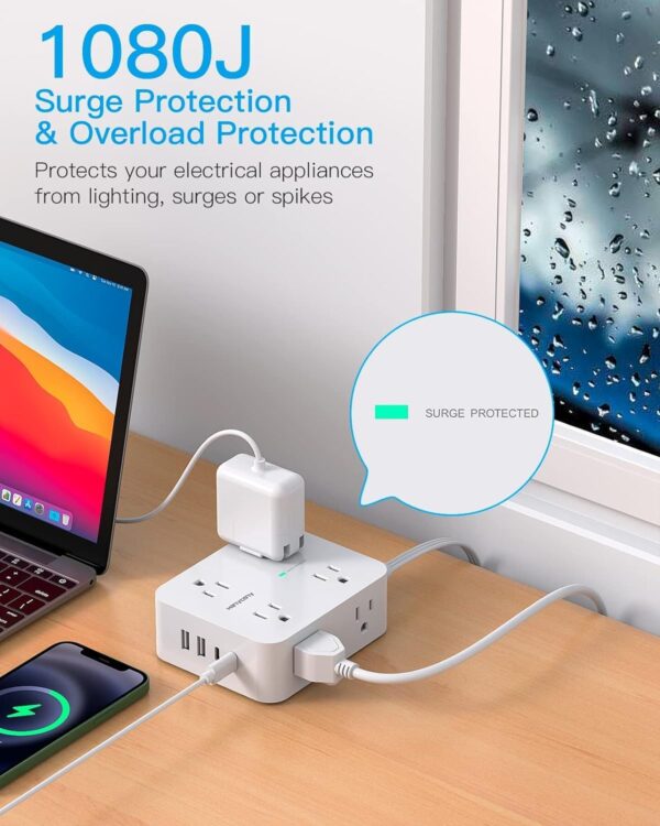 Extension Cord 25 Ft, Power Strip with 4 USB Ports(2 USB C), 1080J Surge Protection, 8 Outlets Extender Desk Charging Station for Home Office Dorm Room Essentials - Image 3