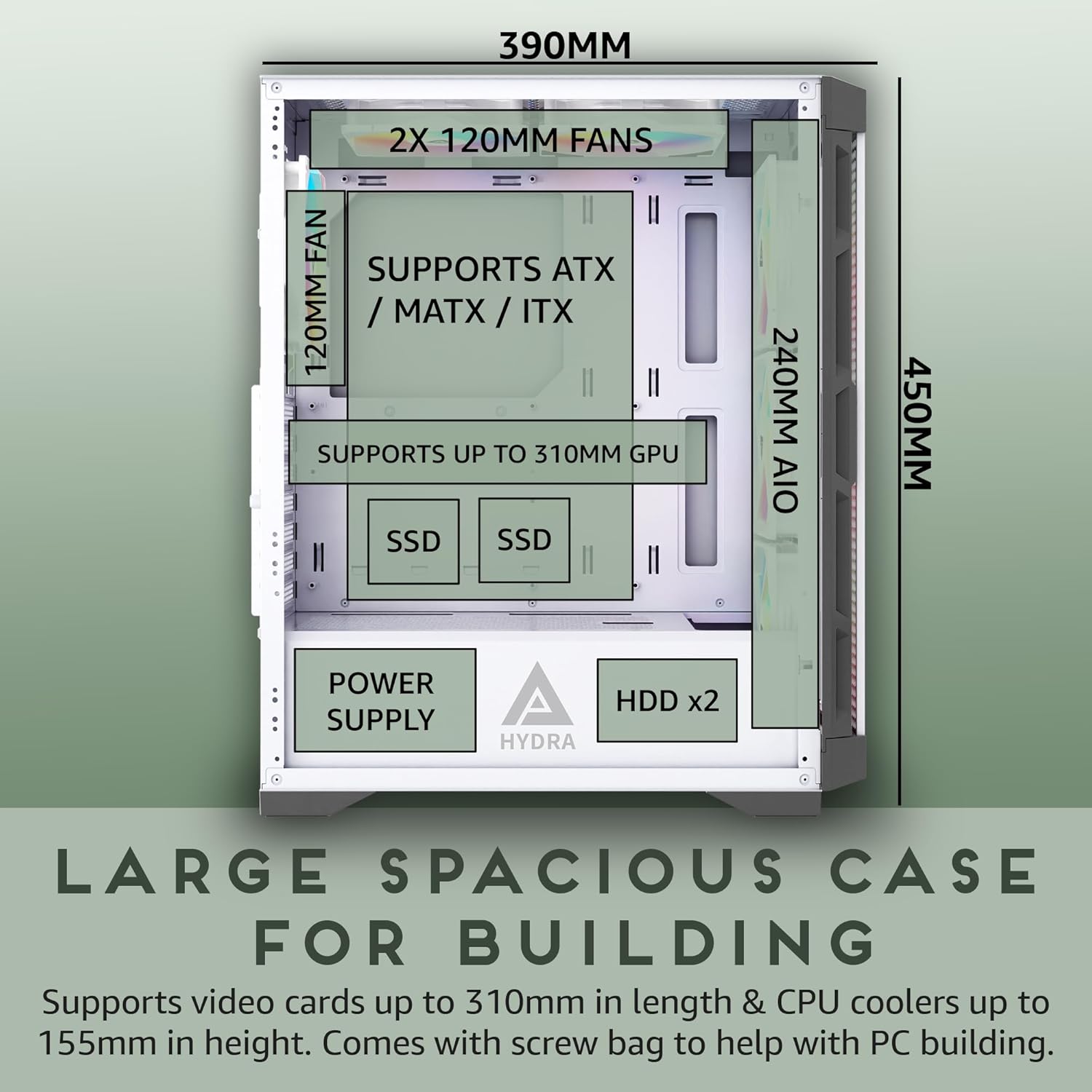 Apevia Hydra-WH Hydra Mid Tower Gaming PC Case w/ 6X 120mm ARGB Fans, 366 RGB Light Modes, High Performance Breathable Airflow Mesh Front Panel, Tempered Glass Side Panel, 1X USB3.0, 2X USB2.0, - Image 6