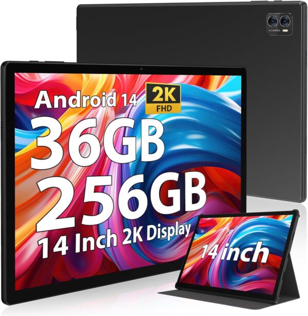 Tablet 14 inch Ultra Big Android 14 Tablets, 256GB Storage(Expand to 1TB),36GB(12+24) RAM, 11580 mAh Battery 18W PD Fast Charger, 8 Core 2.0gHz CPU,4 Speakers, 5G WiFi with Case-Black