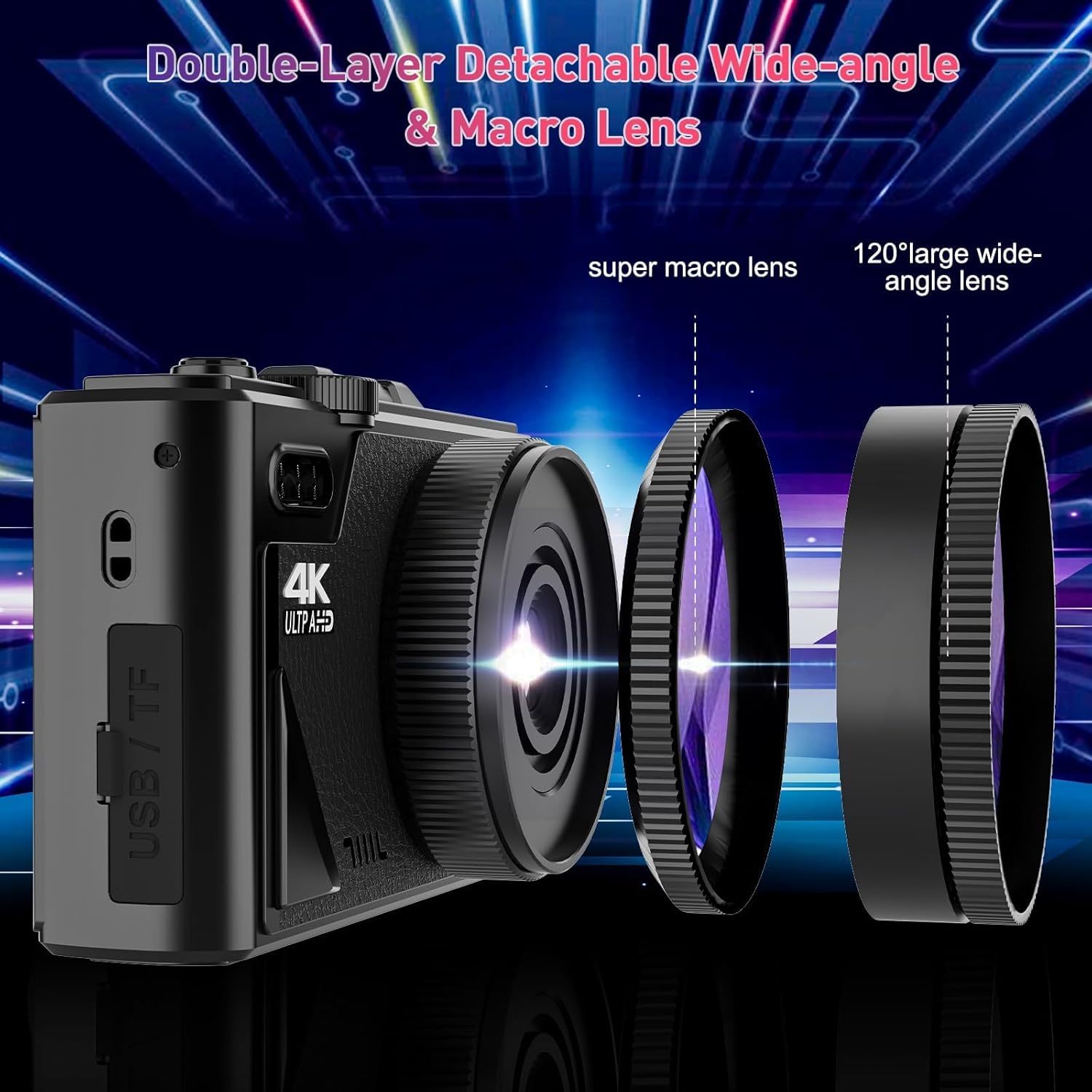 4K Digital Camera for Photography, WiFi Autofocus 64MP Vlogging Camera for YouTube with Super Wide-Angle & Macro Lens, 3" 180° Flip Screen, Video Compact Travel Camera for Beginner, Black - Image 3