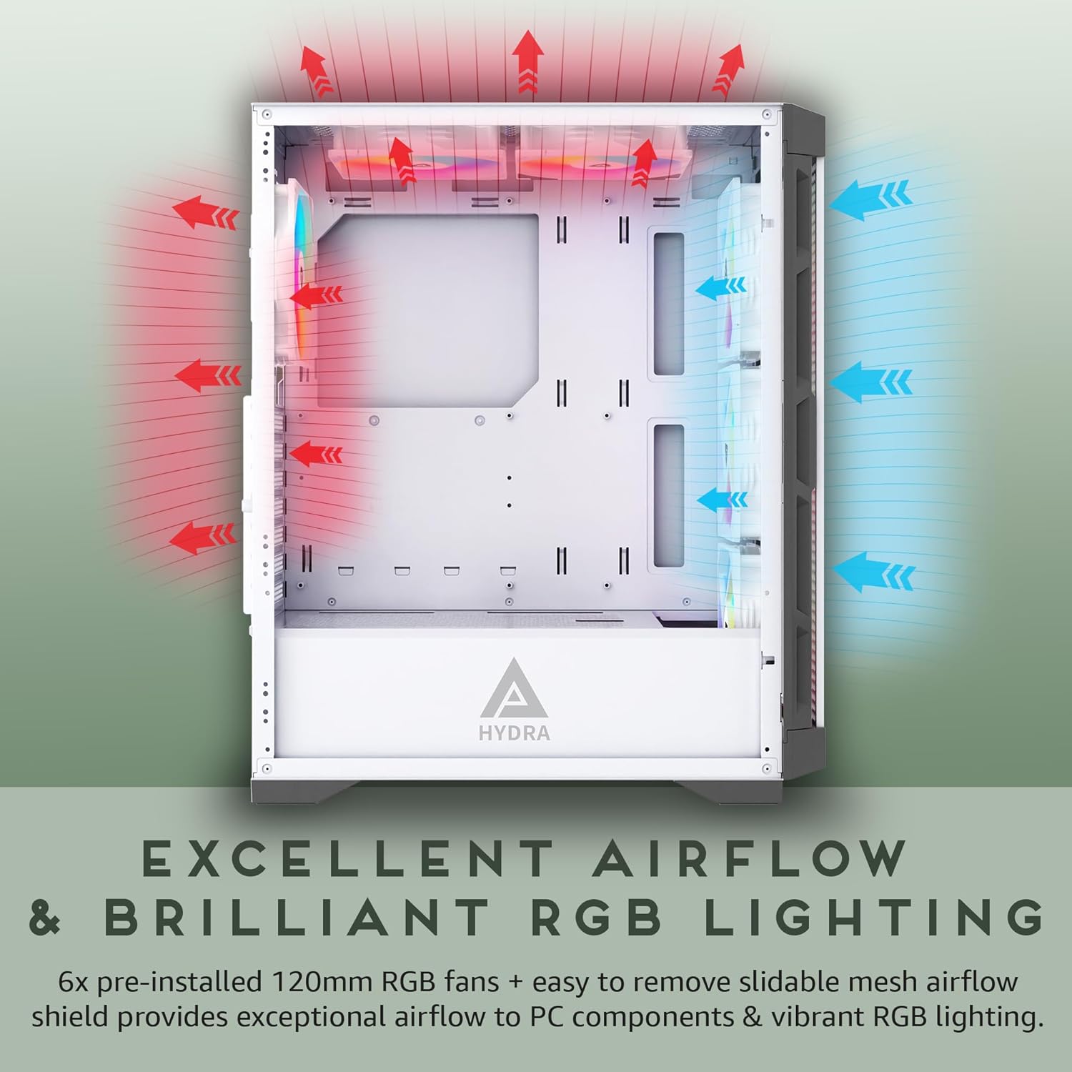 Apevia Hydra-WH Hydra Mid Tower Gaming PC Case w/ 6X 120mm ARGB Fans, 366 RGB Light Modes, High Performance Breathable Airflow Mesh Front Panel, Tempered Glass Side Panel, 1X USB3.0, 2X USB2.0, - Image 4