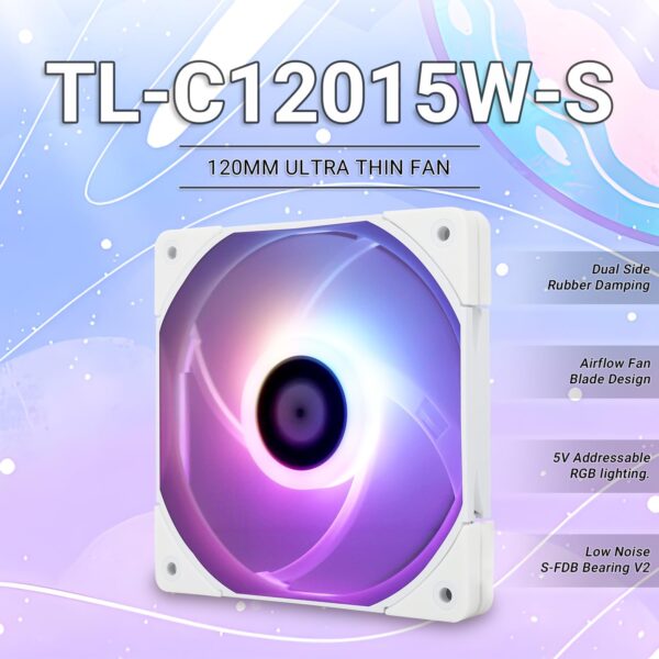 Thermalright TL-C12015W-S CPU Fan 120mm Case Fan, Quiet PWM Computer Fan ARGB, 15mm Slimline Cooler Fan, CPU Cooling Fan(White ARGB) - Image 2