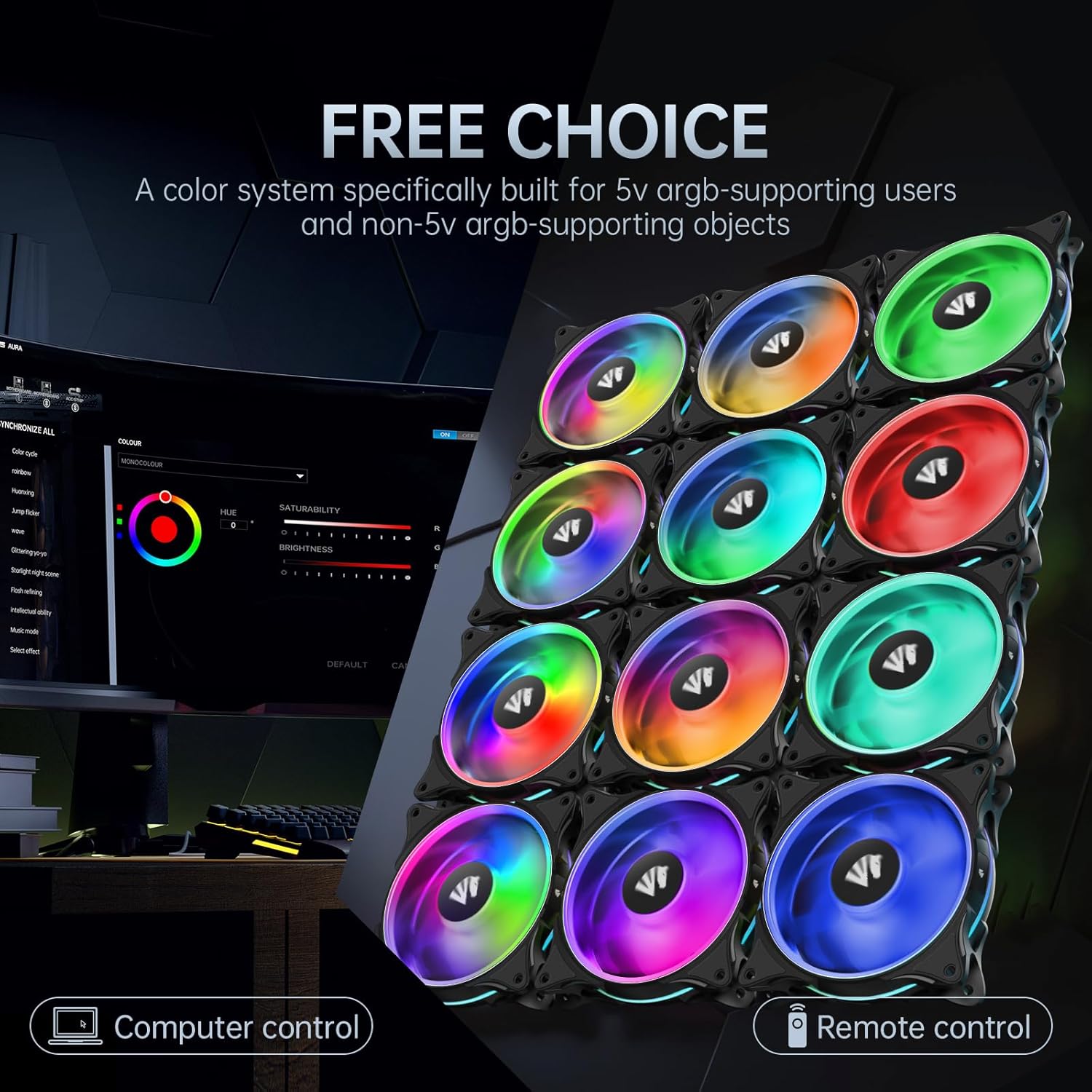 AsiaHorse FS-9002 Pro 120mm RGB Case Fan, 26 LED ARGB and Double LED Lingting Loops, 800-1800rpm Pwm Case Fan with Motherboard Sync/Analog Controller(6 Pack, Black) - Image 7