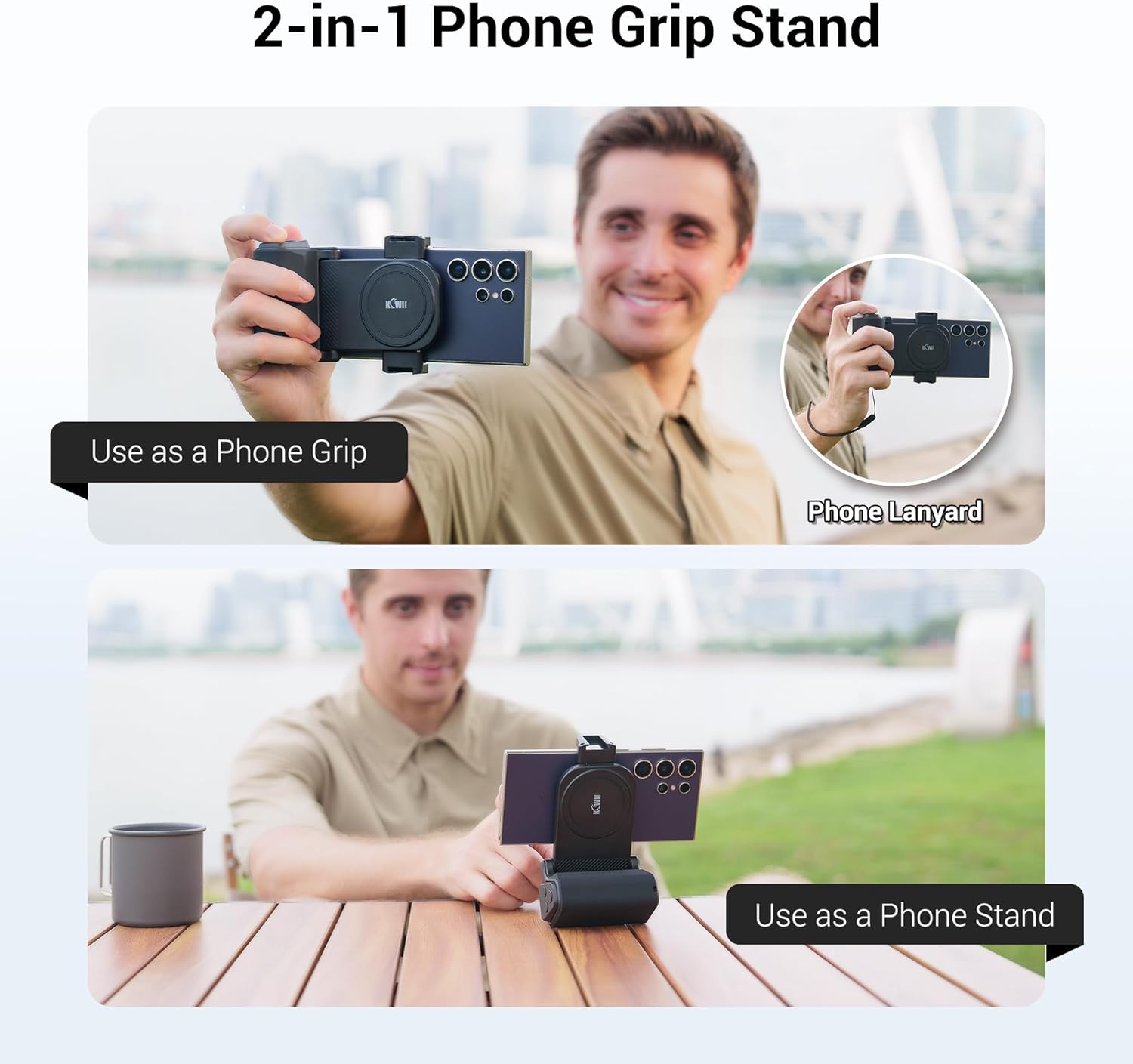 KIWIFOTOS Universal Phone Camera Grip Android Zoomable Phone Tripod Mount with Remote Control & Cold Shoe Adapter for iPhone 16 Samsung Travel Selfie Vlog Video Shooting Camera Grip (Black) - Image 4