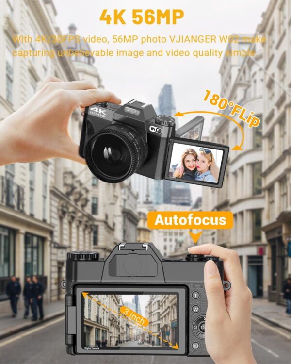 VJIANGER 4K Vlogging Camera for YouTube 56MP Digital Camera for Photography and Video with 180°Flip Screen, 16X Digital Zoom, 52mm Wide Angle & Macro Lens, 32GB Micro SD Card, 2 Batteries(Black) - Image 4
