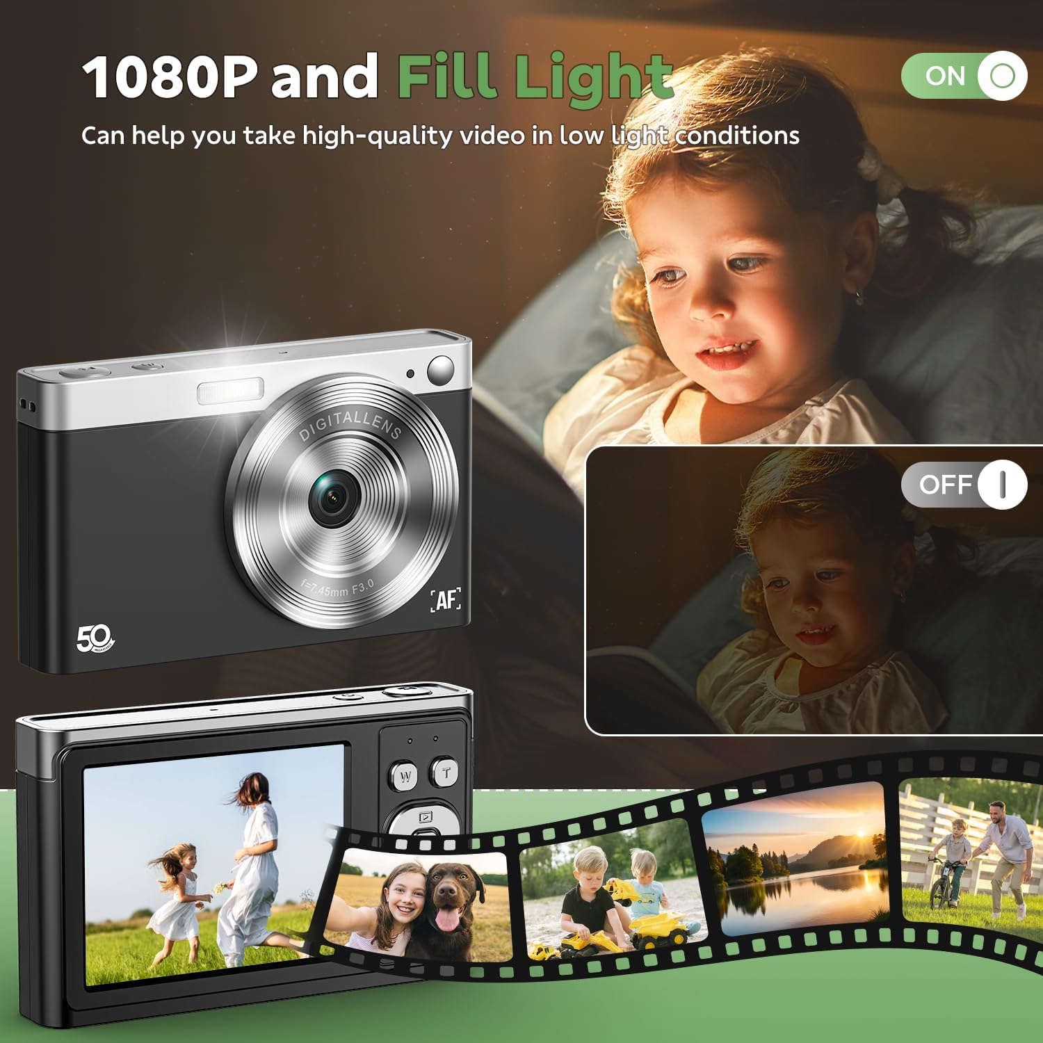 Digital Camera, FHD 1080P Kids Camera Autofocus 50MP Point and Shoot Digital Cameras with 32GB SD Card, 16X Zoom Anti Shake, Two Batteries, Lanyard, Compact Small Camera for Kids Boys Girls Black - Image 4